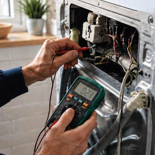 Appliance repair specialist testing a customers washing machine