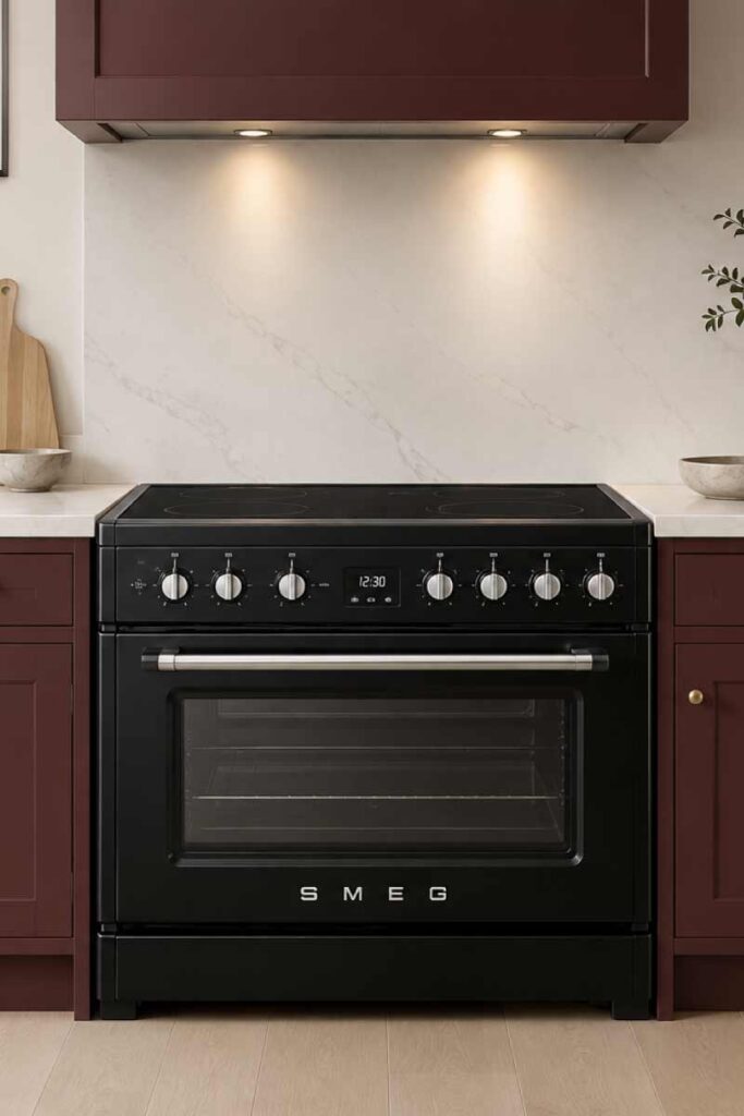 SMEG Oven Cooker in a maroon kitchen