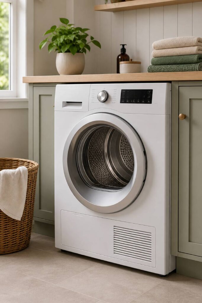 White tumble dryer in a modern laundry room, representing professional tumble dryer repair services in Dublin and North Wicklow.